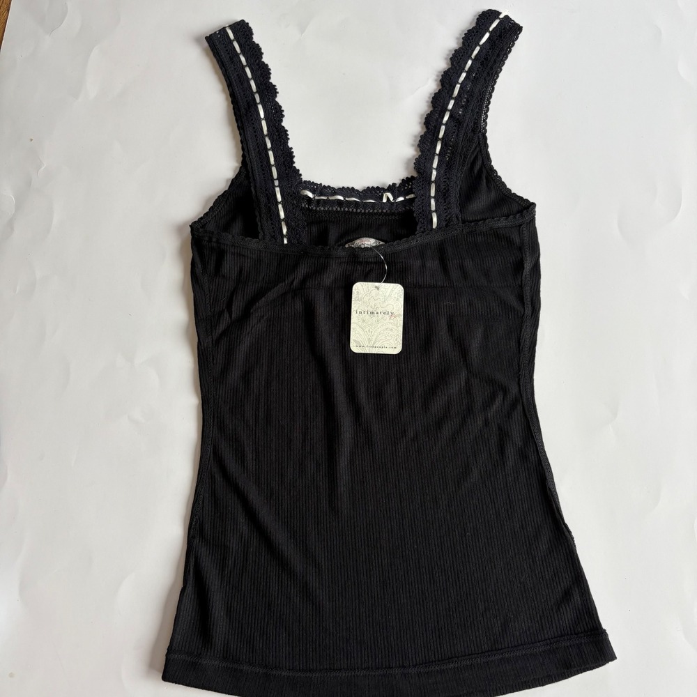 Intimately Free People Only You Black Ribbed Lace Trim Cami Tank Top XS NEW - Picture 2 of 6